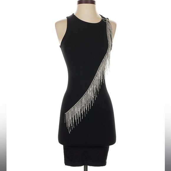 Zara Black Mini Dress Seamless Fringe Rhinestone Bodycon Dress NEW - Picture 2 of 7